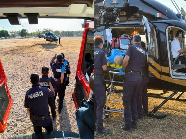 Adulto mayor con graves quemaduras fue trasladado de Tekax a Mérida en el helicóptero Bell 429 de la SSP